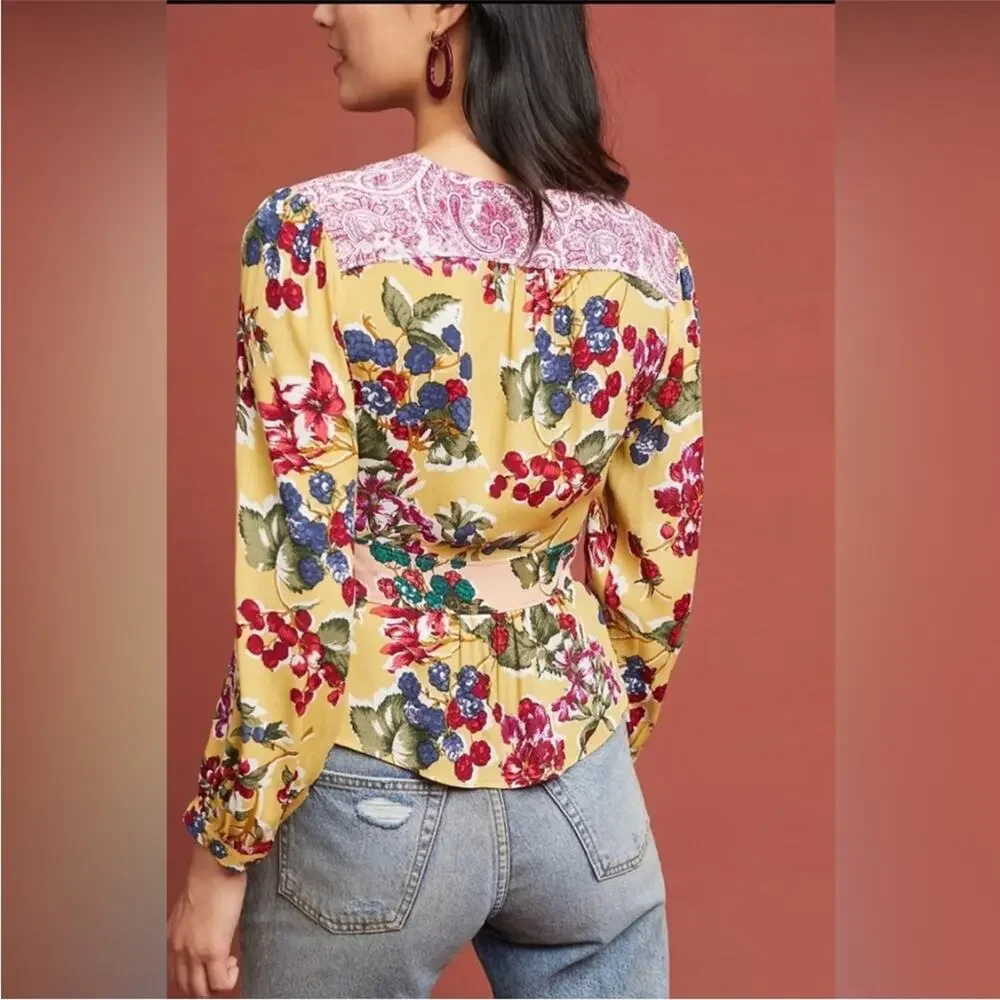 Anthropologie Meadow Rue yellow pink mixed floral wrap front top size 6 - Picture 16 of 16